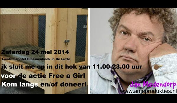 Jan Medendorp journalist sluit zich op in een hok voor geldinzameling voor free a girl actie 2014